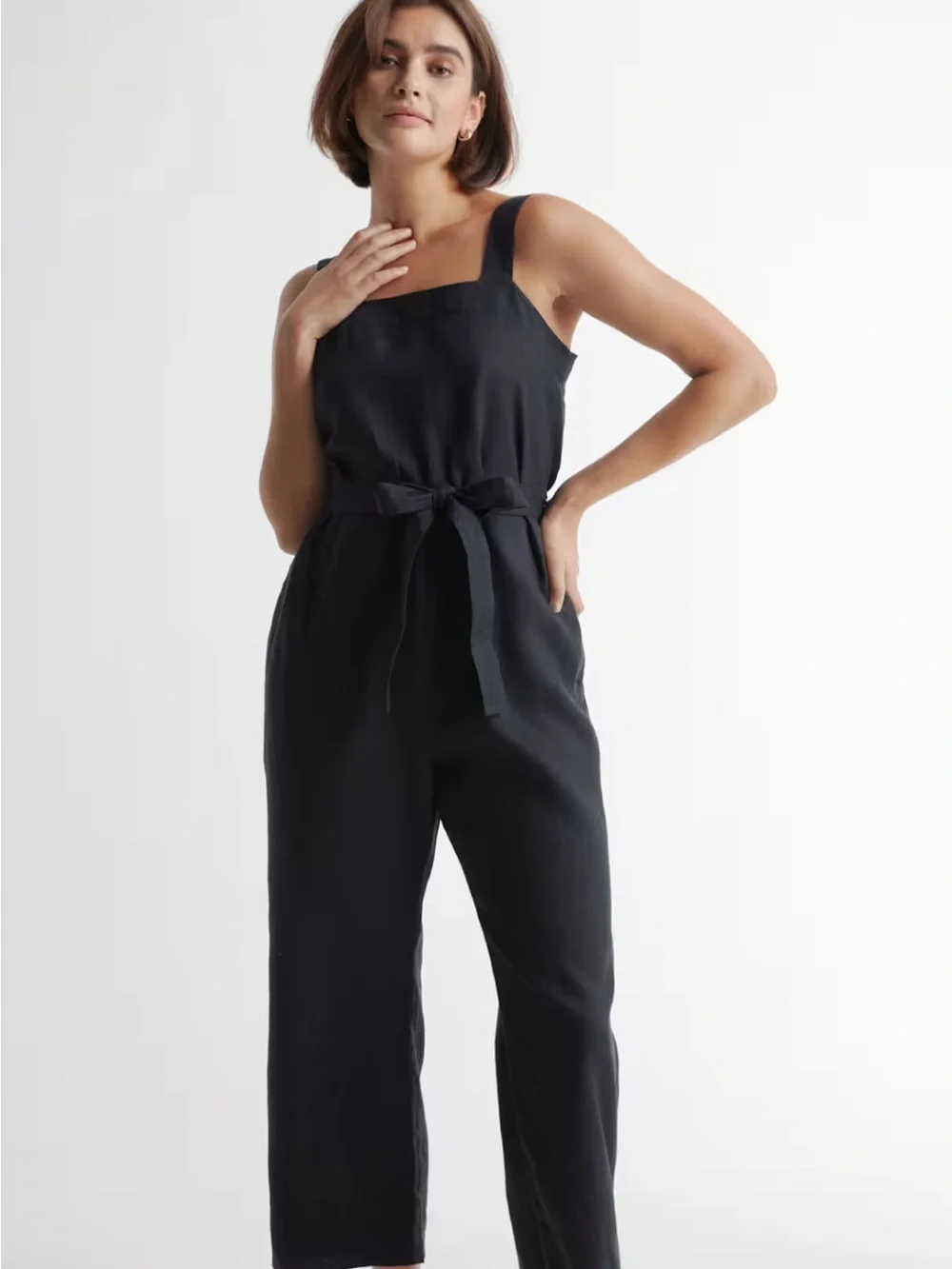 Quince Square Neck Sleeveless Black Linen Jumpsuit with Waist Tie - Picture 1 of 6